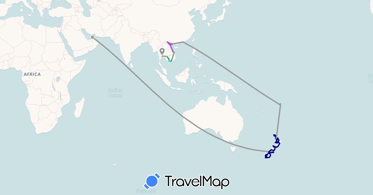 TravelMap itinerary: driving, bus, plane, train, boat in United Arab Emirates, Fiji, Hong Kong, Cambodia, New Zealand, Thailand, Vietnam (Asia, Oceania)
